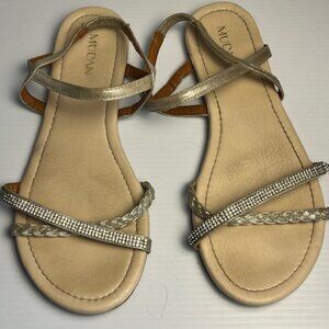 MUDAN Woman's Shoe Flat Braided & Rhinestone Slingback, size 8, Tan and Silver